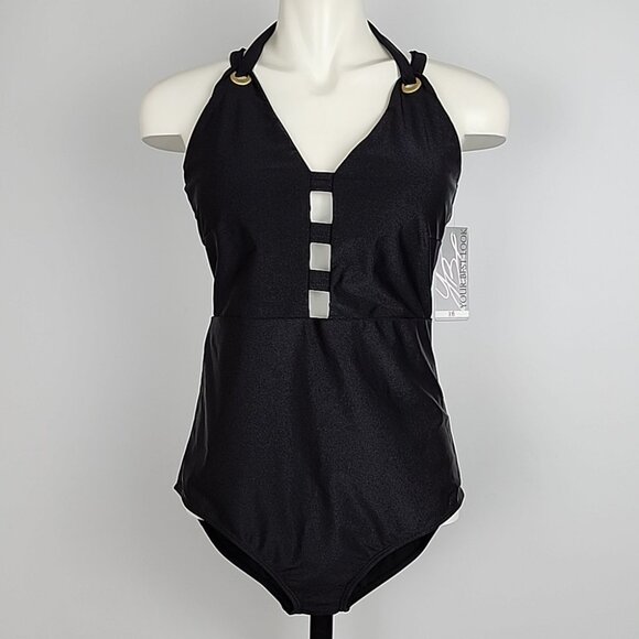 YBL Your Best Look Women's Black One Piece Swimsuit Strappy Halter Size 16 - Picture 2 of 16